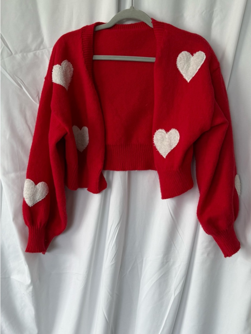 SHEIN Red Heart Cropped Open-Front Sweater